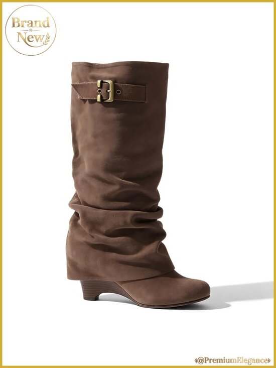 Shoes - Slouchy Wedge Suede Knee-High Pull On Boots